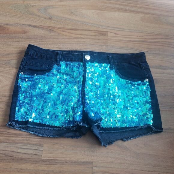 Justice | Blue sequin jean shorts - size 16 - Picture 1 of 3
